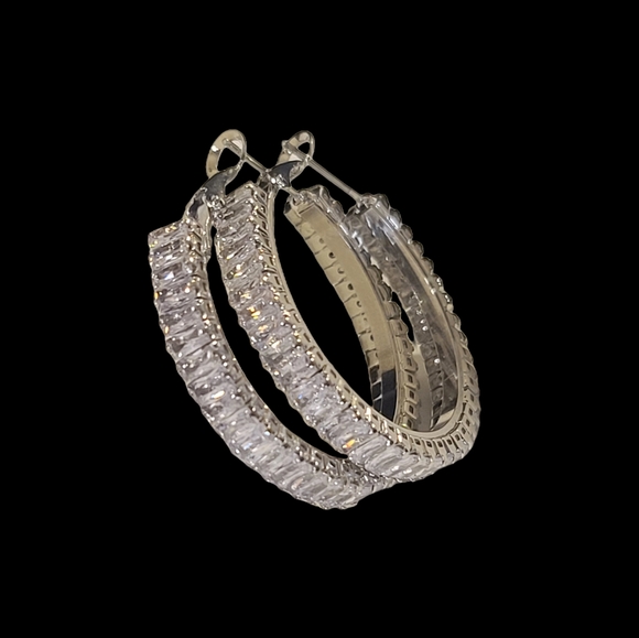 NEW Silver Baguette Diamond Hoop Earrings - Picture 1 of 8